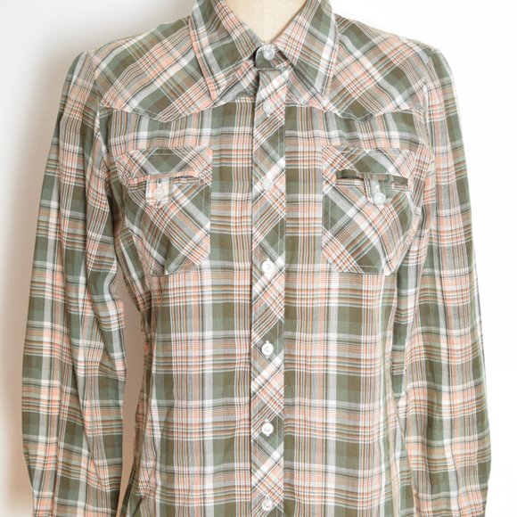 vintage 70s top shirt thin plaid olive green western cowgirl blouse S M - Picture 2 of 7